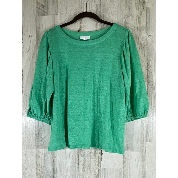 J Jill Top Size Small Petite Green 100% Linen 3/4 Pleated Sleeve Elastic - Picture 1 of 6